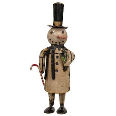 Vintage Style Metal Snowman Decoration with Carrot Nose and Candy Cane for Winter Home Accent - 12.50"H x 2.50"W x 5.50"L