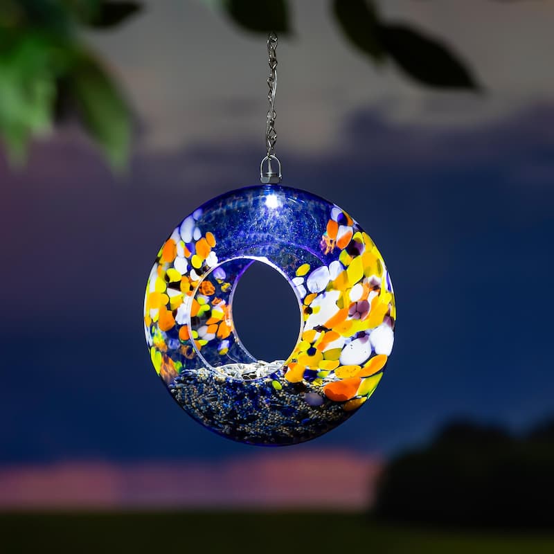 8" Solar Art Glass Fly Through Bird Feeder, Sky Swirl