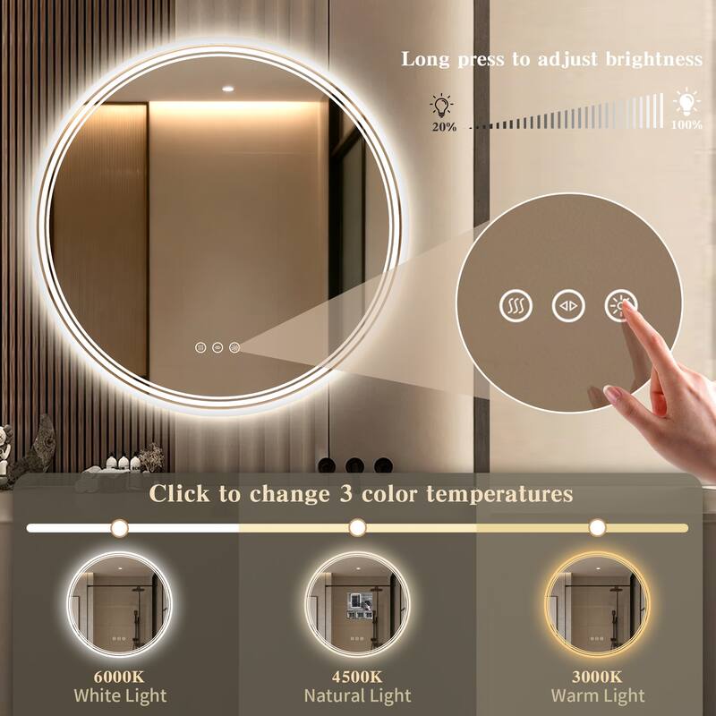 UL Certified Round Frameless Wall Mounted Anti Fog LED Bathroom Vanity Mirror, 3-Color Dimmable, HD Tempered Glass