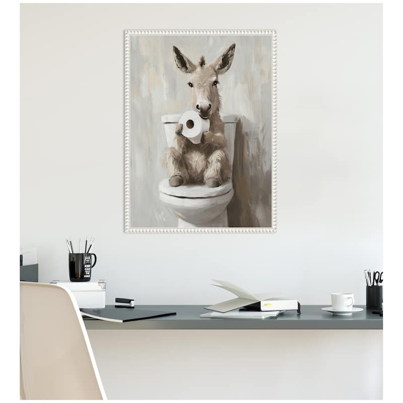 Kate and Laurel Sylvie Cute Donkey Holding Toilet Paper Roll Toilet Bathroom Art Framed Canvas by The Creative Bunch Studio