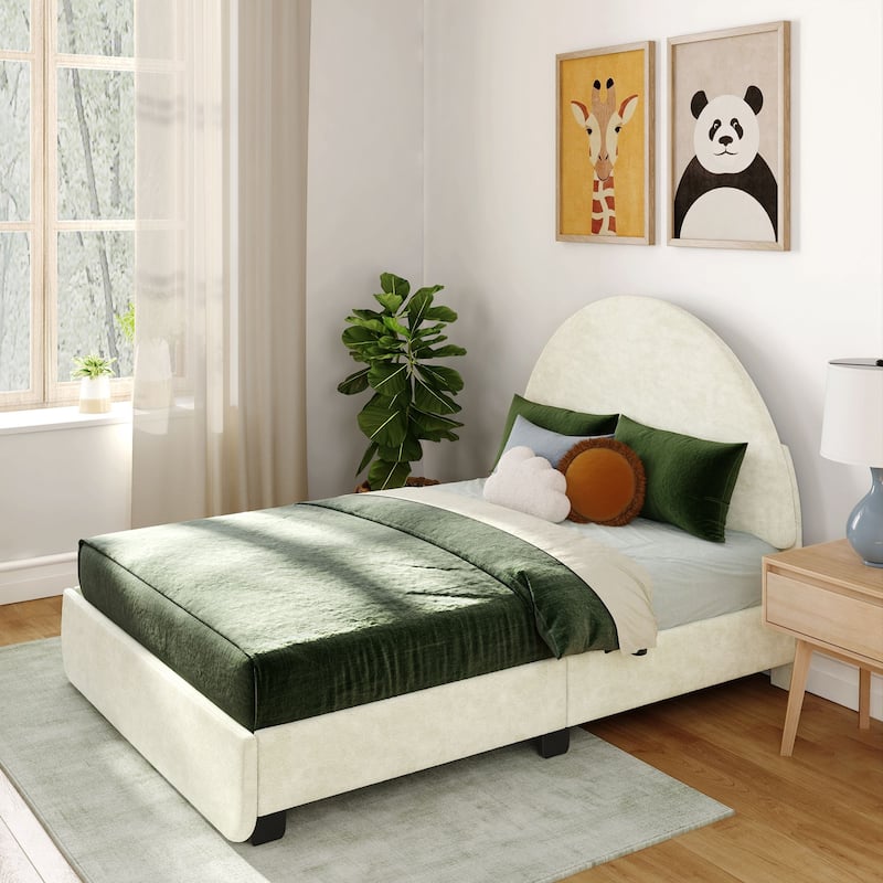 Max and Lily Full-Size Upholstered Bed with Arched Headboard - Cream
