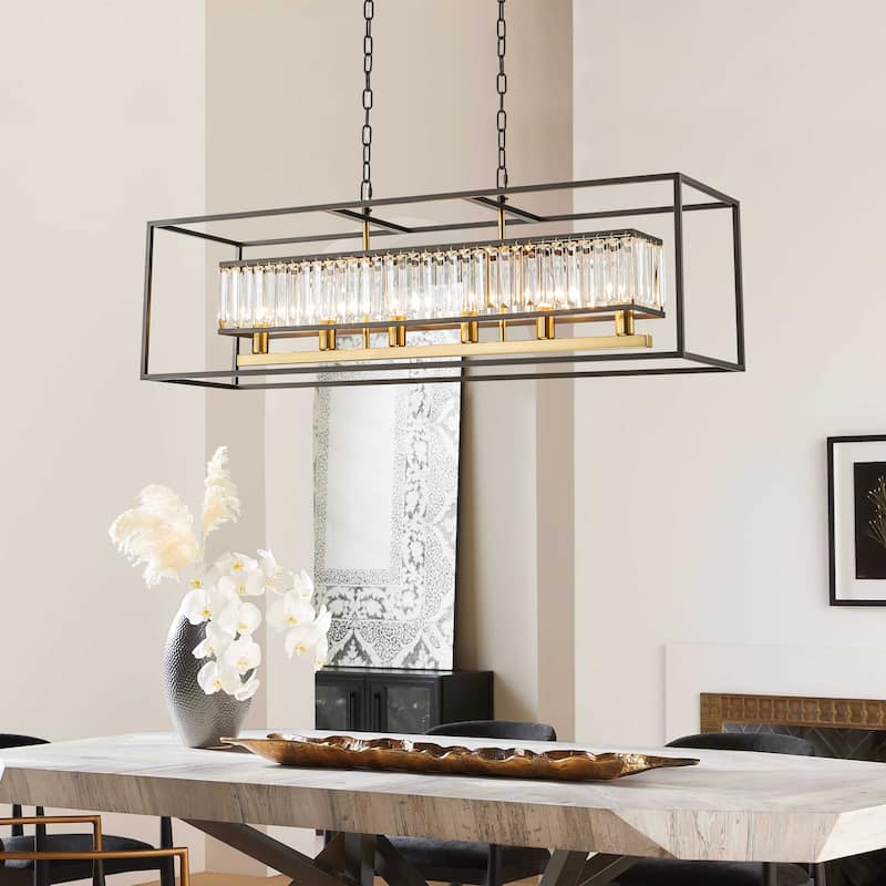 Rennnsan 6-Light Modern Black and Gold Rectangular Geometric Crystal Large Chandelier for Dining Room Table
