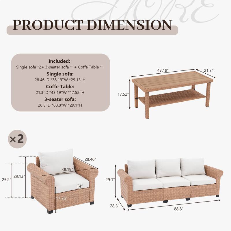 Outdoor 4-Piece Garden Patio Sofa Set, with Three-Seater Sofa