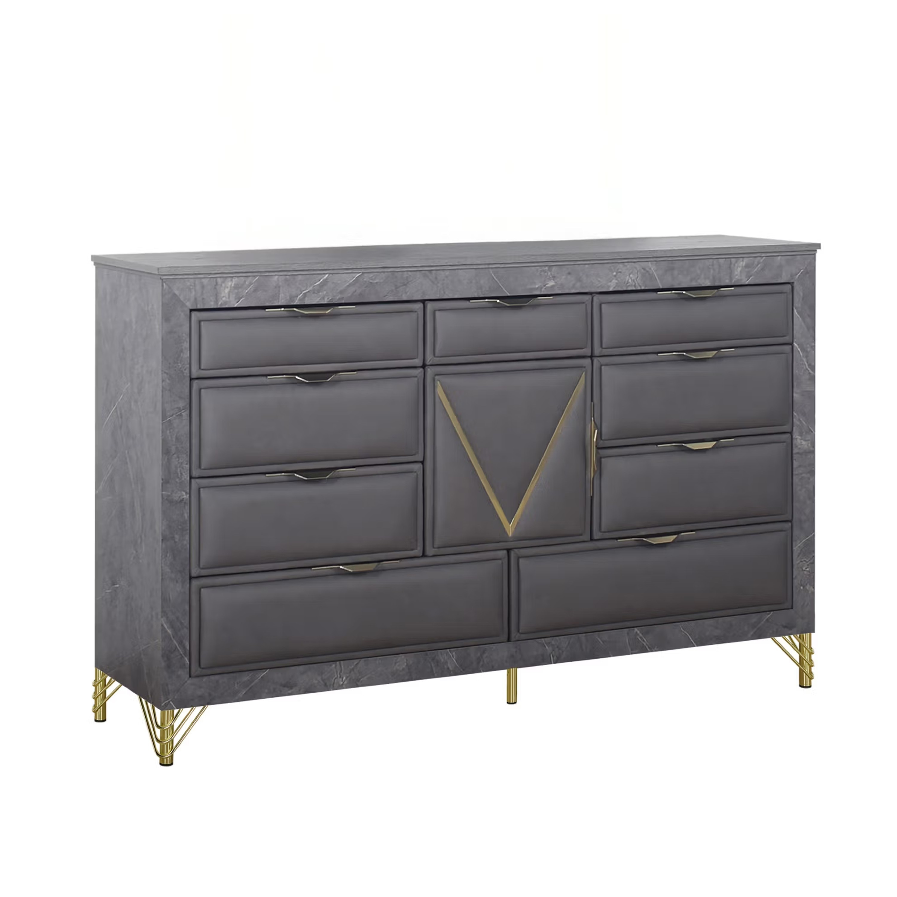 Semy Wide Dresser, 10 Drawers, 1 Cabinet, Charcoal Gray Wood, Gold
