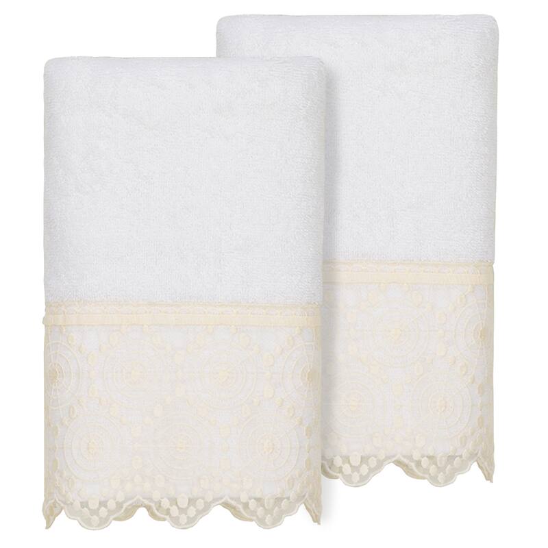 Authentic Hotel and Spa 100% Turkish Cotton Arian 2PC Cream Lace Embellished Hand Towel Set - White