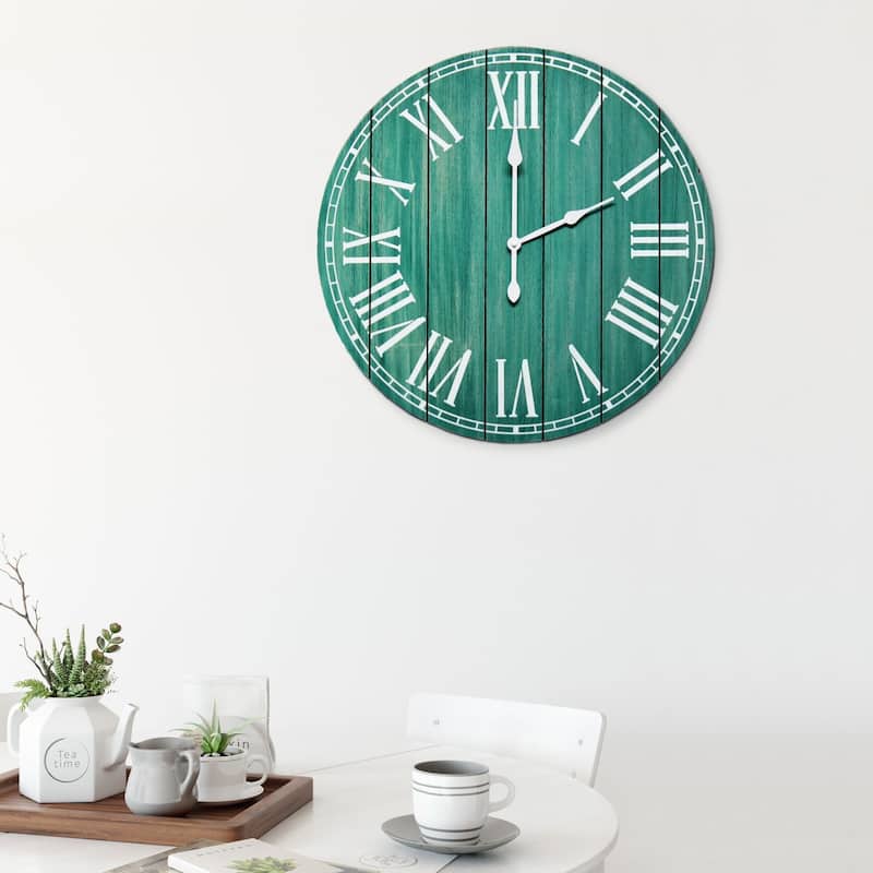 Country Rustic Coastal Round Wooden Wall Clock - 23" - Blue and White