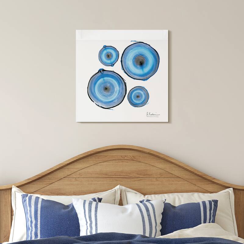 "Mineral Rings II" Abstract Wall Art on Frameless Free Floating Tempered Glass Panel - Blue
