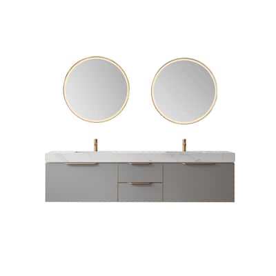 Alicante 84" Double Vanity in Grey with Sintered Stone Top, Mirror
