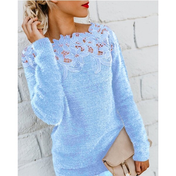 Women's Solid Color Stitching Lace Long Sleeve Sweater. Opens flyout.