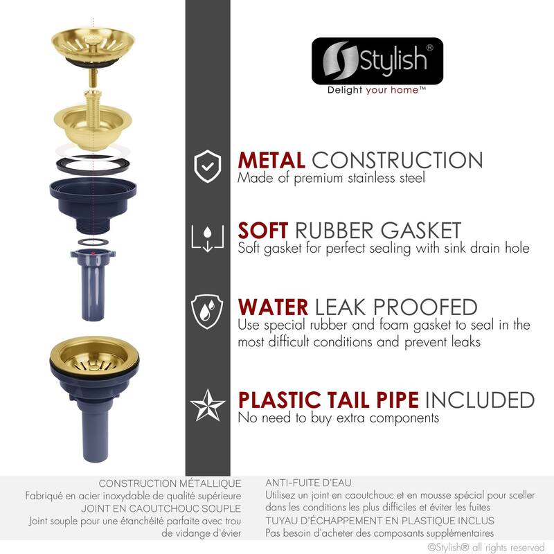 STYLISH 3.5 Inch Kitchen Sink Deep Strainer with Removable Basket in Brushed Gold - Drain Opening: Fits Standard 3.5"