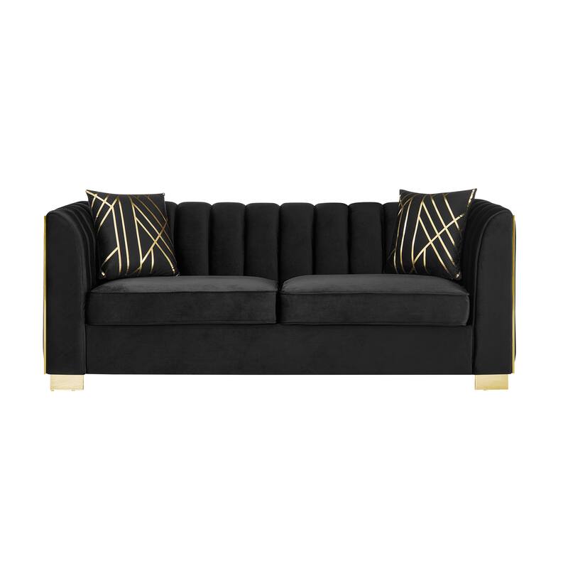 Velvet Chesterfield 3 Seater Sofa, Button Tufted Upholstered Sofa, Lounge Sofa with Stainless Steel Accents & Metal Legs
