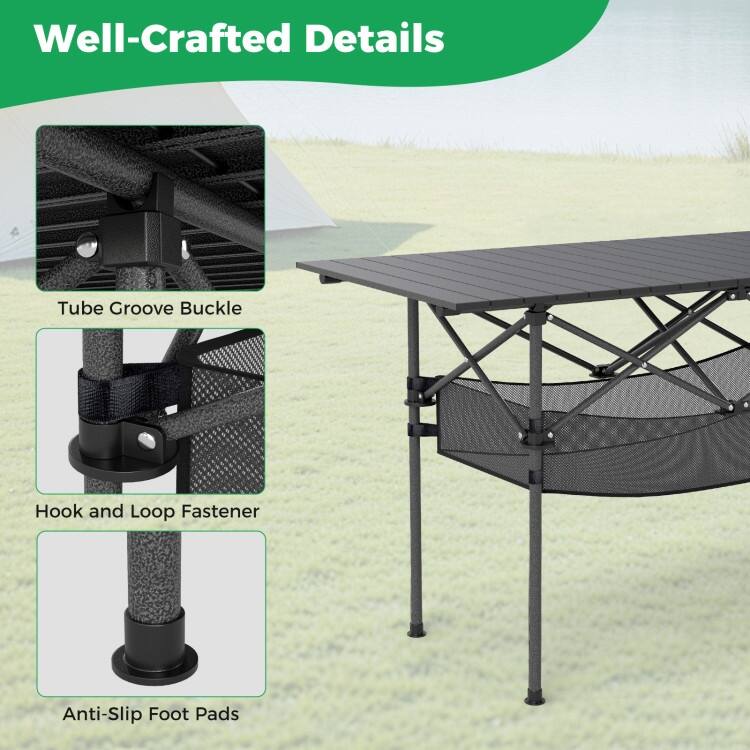Aluminum Patio Folding Camping Table with Bag and Mesh Basket - 47" x 22" x 27" (L x W x H)