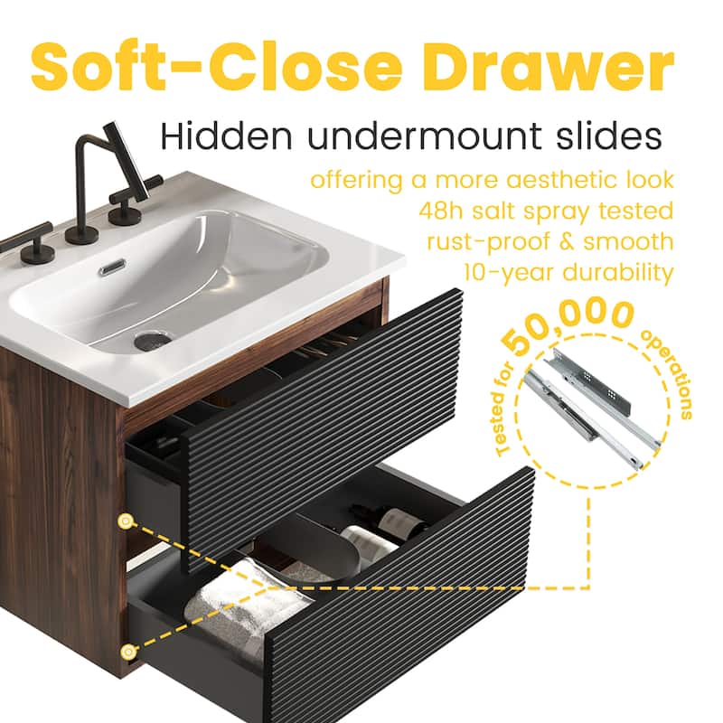 24" Wall-Mounted Bathroom Vanity with Integrated Ceramic Sink & Overflow, Large Storage Floating Vanity