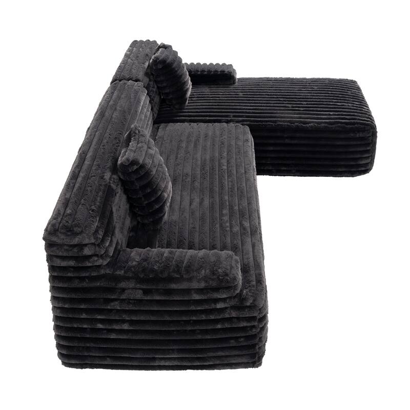 L Shape Modular Sectional Sofa with Chaise, Full-Compressed Boneless Couches, Faux Fur 3 Seat Sofa with 2 Throw Pillows