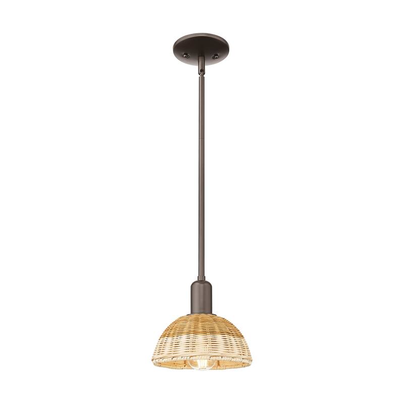 Innovations Lighting Downtown Urban - Natural Ballston Dome - 1 Light 8" Stem Hung Mini Pendant with Basketweave Shade - Oil Rubbed Bronze