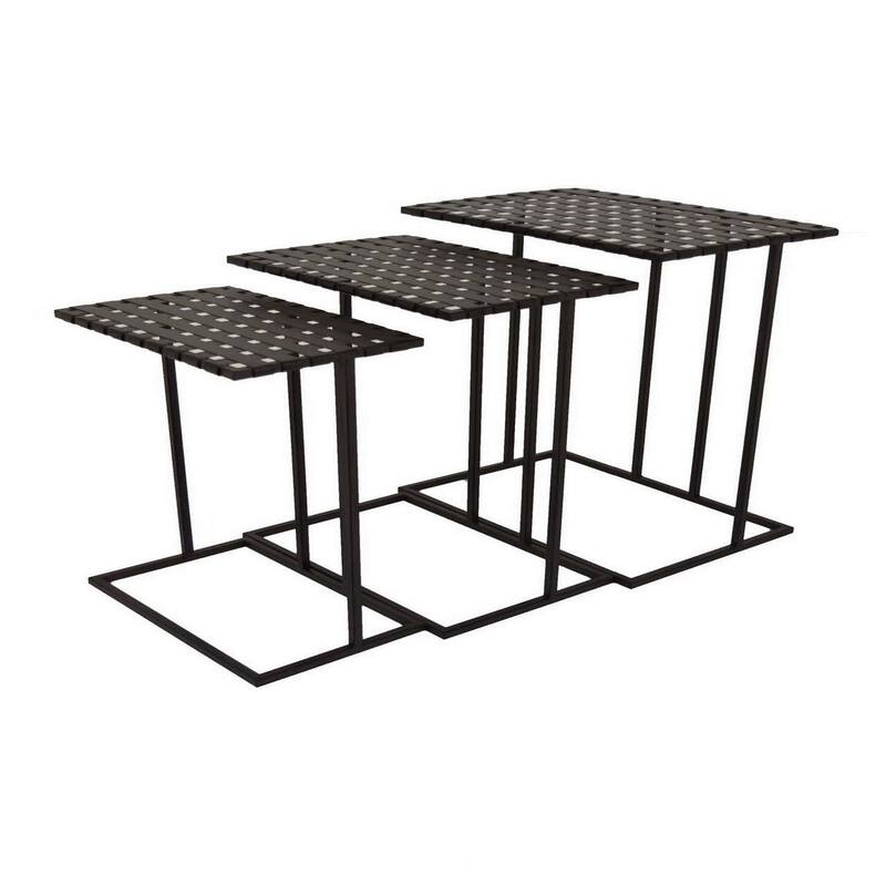 Set of 3 Plant Stand Side Tables, Rectangular Mesh Top, Black Metal Frame