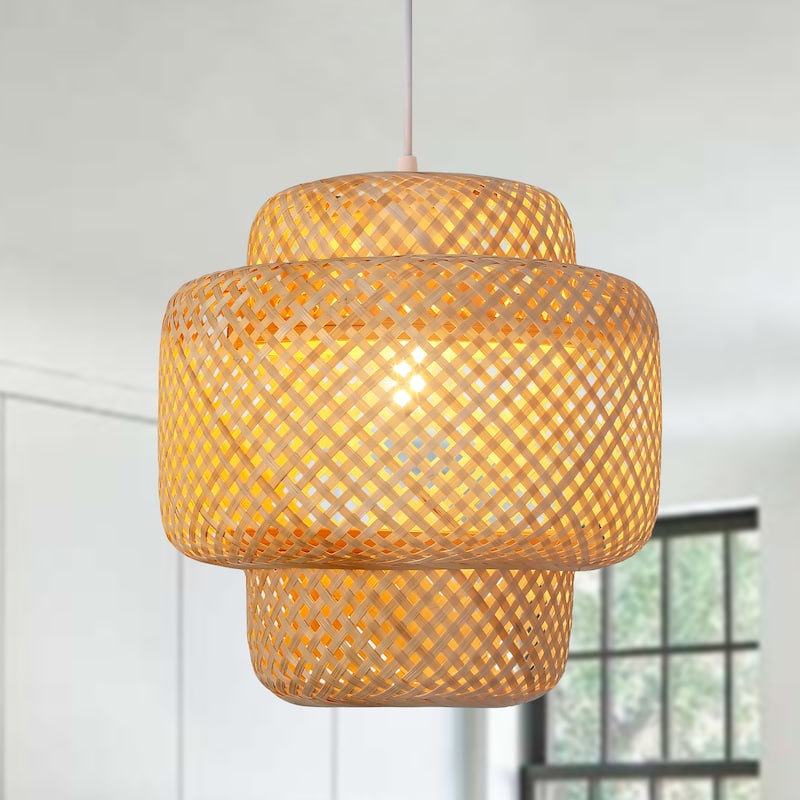 1-Light Yellow Pendant Light with Bamboo Vine Shade for Bedroom Dining Room