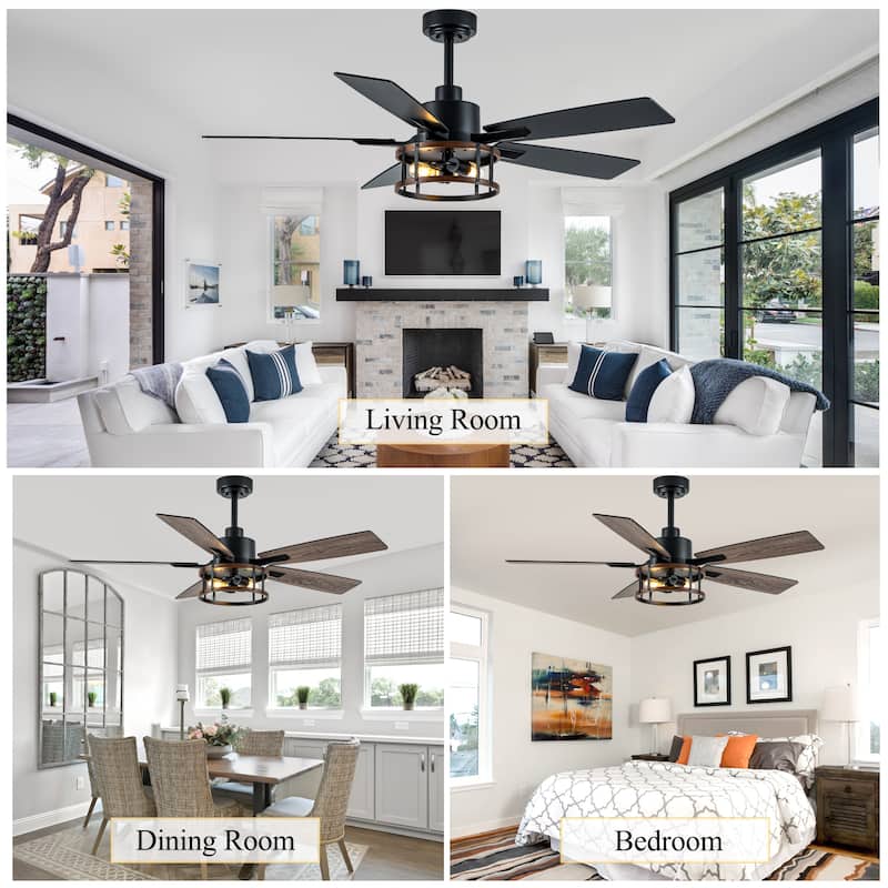 Cusp Barn 52 Inch Farmhouse Indoor Ceiling Fan with Lights and Remote, Reversible DC Motor Black Caged Chandelier Ceiling Fan