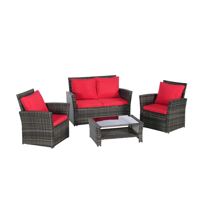 4-Piece Outdoor Patio Rattan Conversation Sofa Set with Tempered Glass Coffee Table