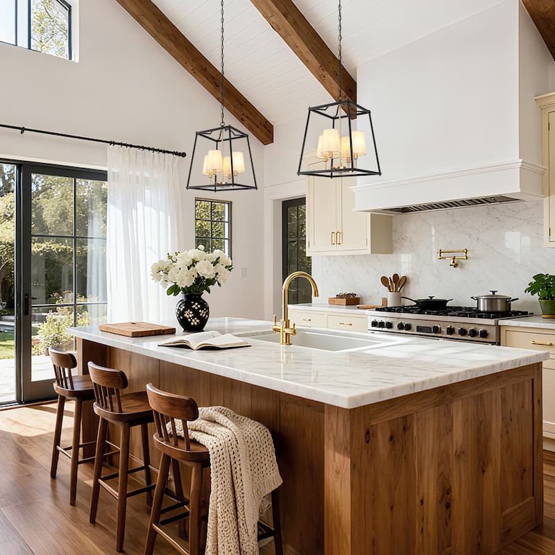 Modern Farmhouse 4-Light Black Gold Geometric Chandelier Metal Pendant Lights with Fabric Shades - 14 "