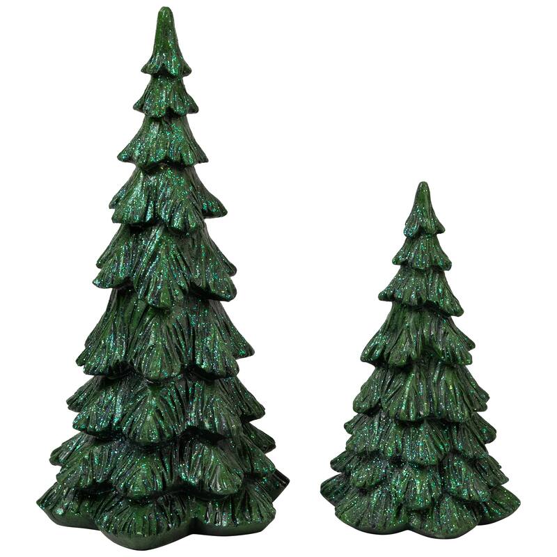 Carved Glittery Trees Christmas Decorations - Set of 2 - Green - 11.5"