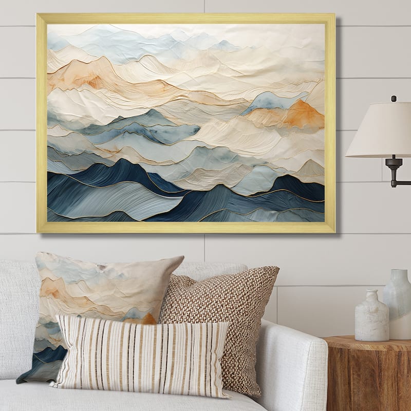 Designart "Majestic Mountain Peaks" Landscape Mountains Framed Wall Art Prints - 32 in. wide x 24 in. high - Gold