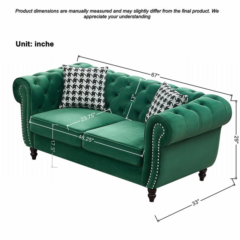 Velvet Upholstery Fabric 2-Seater Sofa with Rolled Armrests and Rivet Embellishments, for Living Rooms, Green