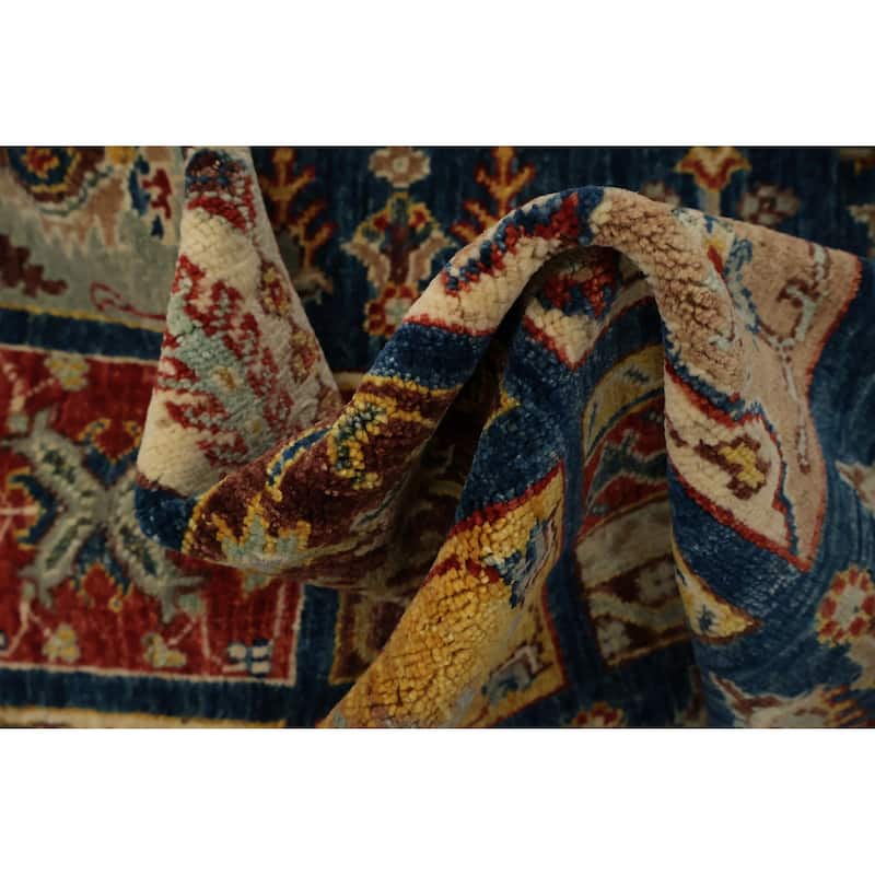 Hand Knotted Oriental 100% Wool Carpet Traditional Geometric Navy Blue & Blues Kazak Runner Rug - 22' 10'' X 2' 8''