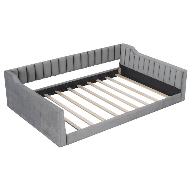 Upholstered Daybed with Sloped Arms and Side Pocket, Vertical Stripes Grounded Daybed with Wood Slat Support, Velvet Fabric