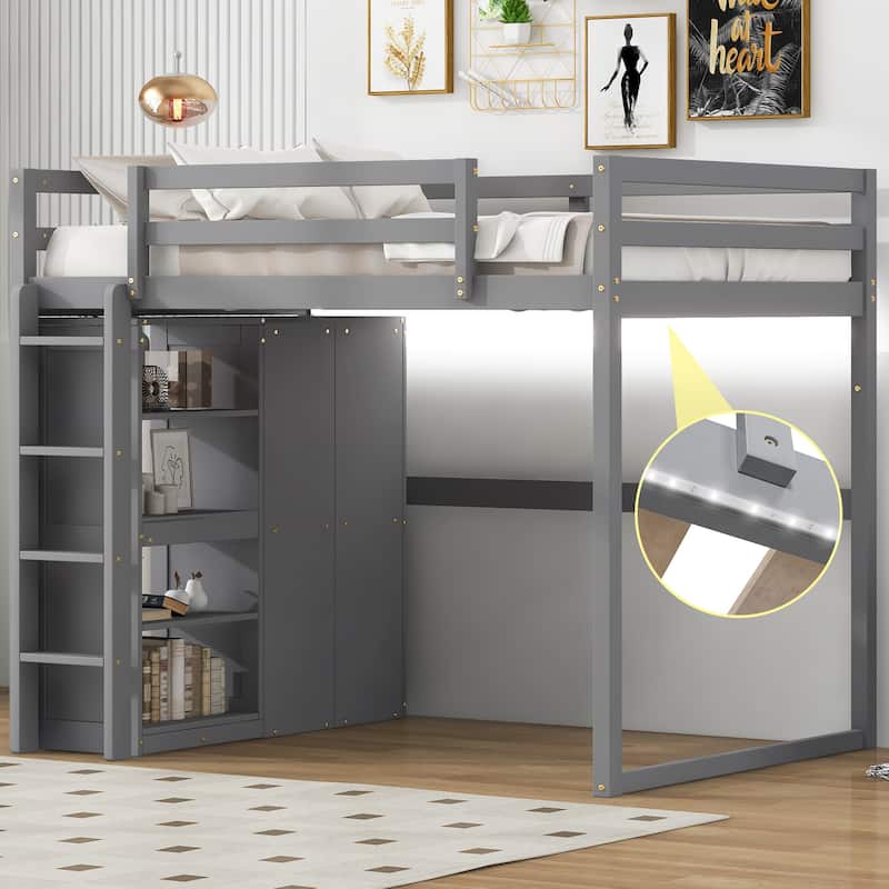 Full Size Loft Bed with Built-in Wardrobe, Storage Shelves & LED Lighting, Space-Saving Gray Wood Design