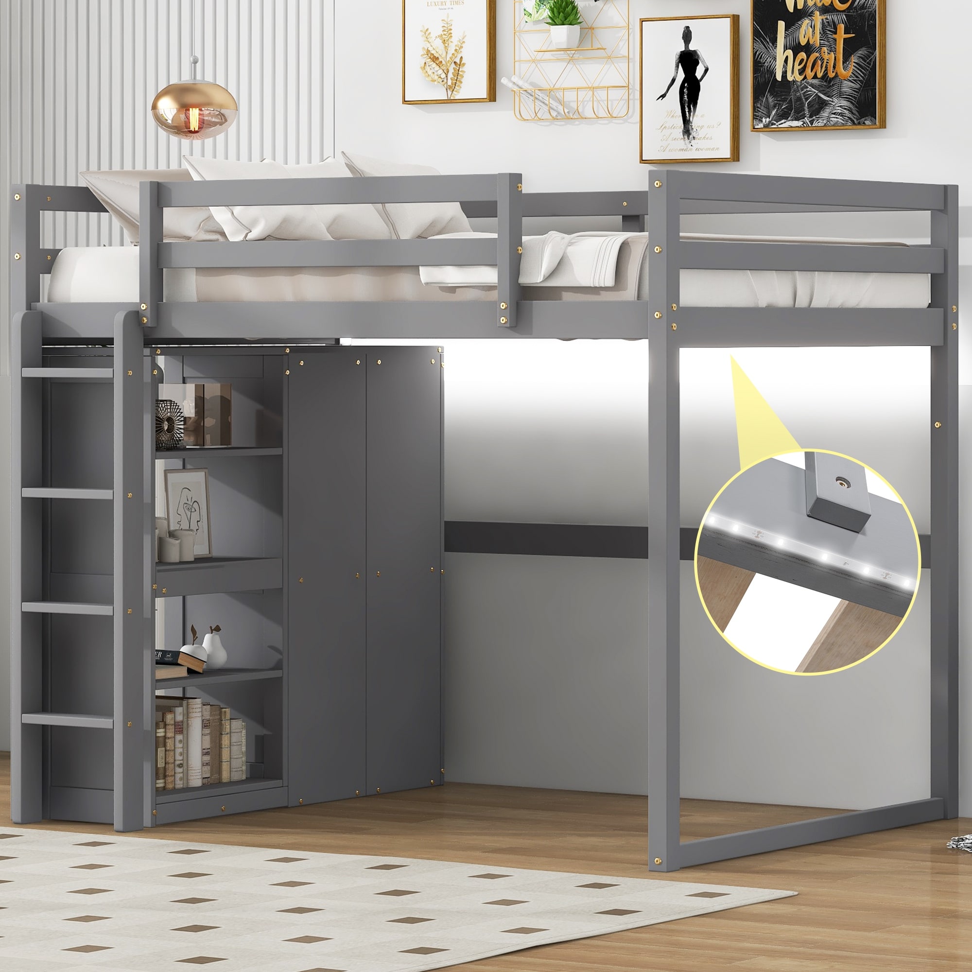 Full Wood Loft Bed with Wardrobe & Storage Shelves