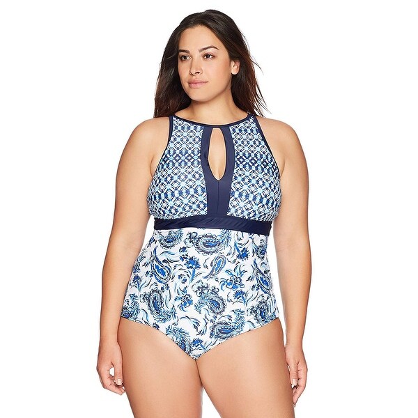 Coastal Blue Women's Plus Size Swimwear Empire Waist Colorblock Swimsuit, New... - 1. Opens flyout.