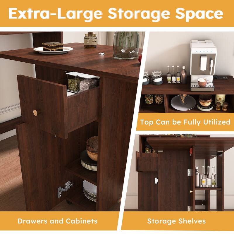 Folding Dining Table and Storage Sideboard with Charging Station， Multifunctional Space-Saving Kitchen Table with Wheels