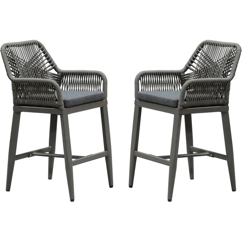 PURPLE LEAF Outdoor Bar Stools Chair Set of 2, All Weather Rattan and Aluminum Patio Bar Stool with Cushion - Smoke Grey-counter stool