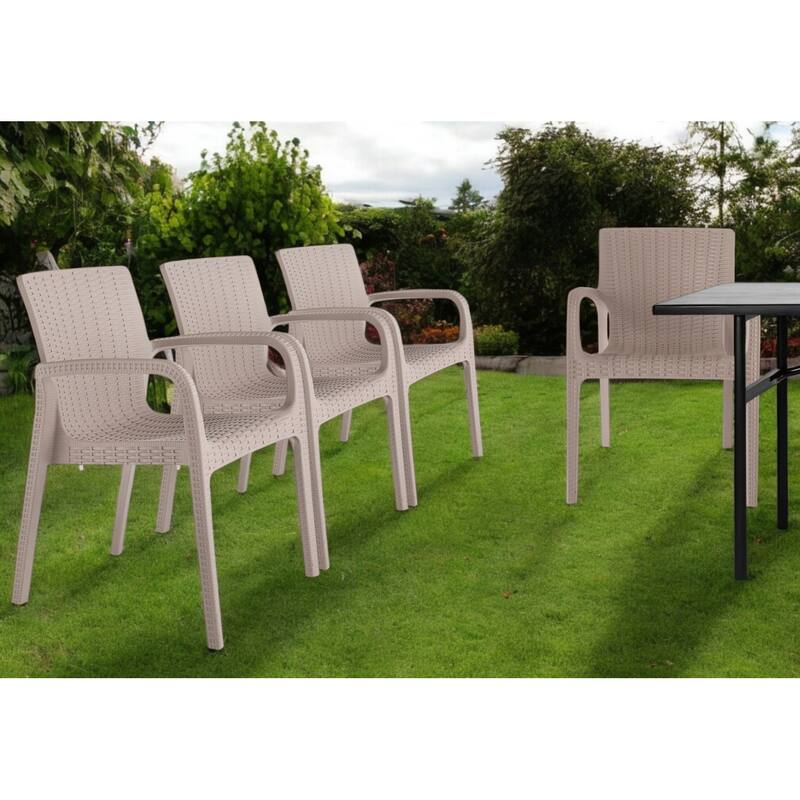 HomeRoots Set of Two Taupe Faux Rattan Heavy Duty Plastic Outdoor Stacking Arm Chairs - Taupe