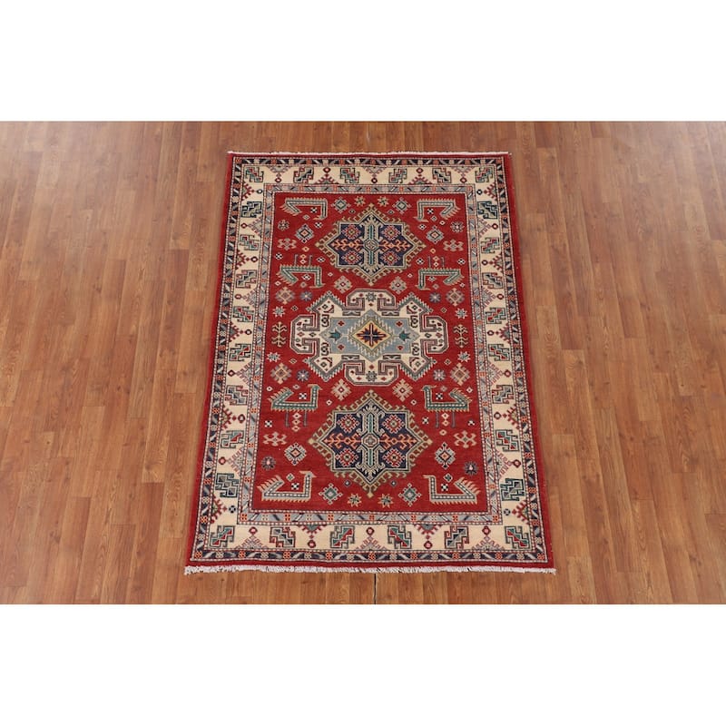 Kazak Oriental Area Rug Hand-Knotted Red Wool Carpet - 4'1" x 5'11"