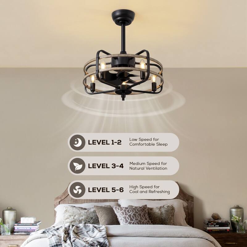 Industrial Black Caged Vintage Chandelier Ceiling Fan with Lights and Remote Control