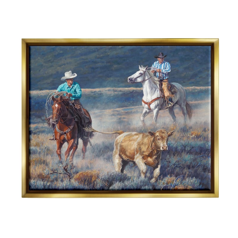 Stupell Cowboys Wrangling Cattle Framed Floater Canvas Wall Art Design by David Graham - 31 x 25 - Gold