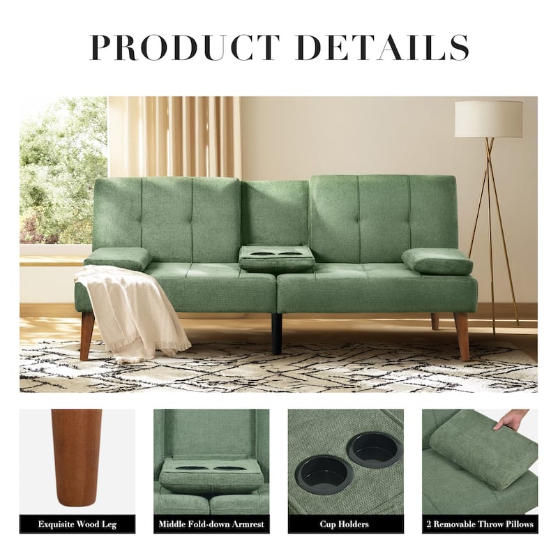 ​65" Futon Sofa Bed - Adjustable, Dual Cup Holders, Space-Saving for Small Rooms​
