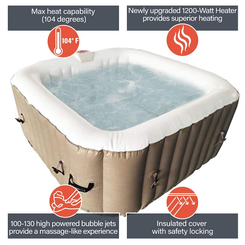 ALEKO Square Inflatable Portable Hot Tub Personal Spa 4 Person Brown
