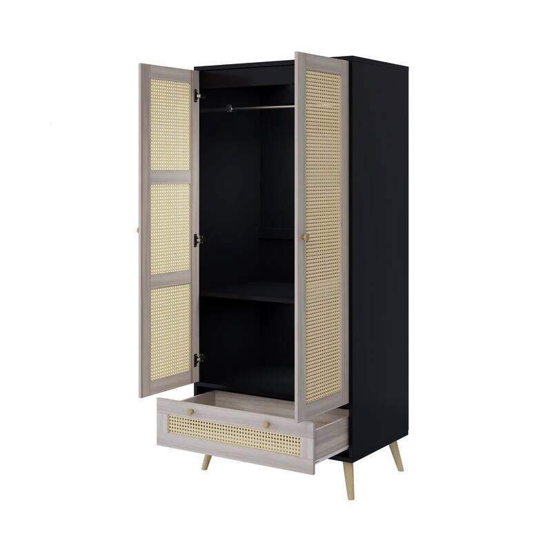 Boho Rattan Decor Wardrobe Closet Storage Cabinet, 70.8" Tall Armoire with Hanging Rod & Drawer for Bedroom, Natural+Black