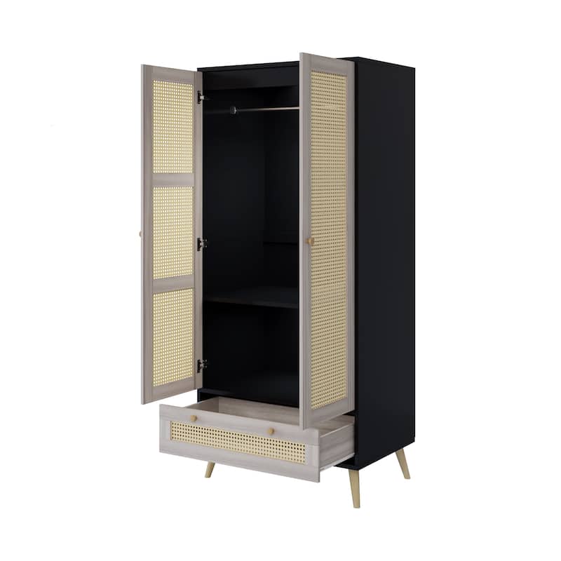 Roomfitters 2 Door Rattan Armoire, Tall Wooden Wardrobe Closet, Hanging Rod, Boho Style Storage Cabinet, Natural+Black