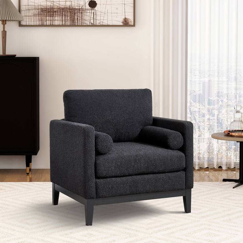 35" Farmhouse Style Boucle Single Sofa Accent Chair with Storage Footstool, Natural Wood Legs for Living Room, Office - Black + Black（Includ Chair）