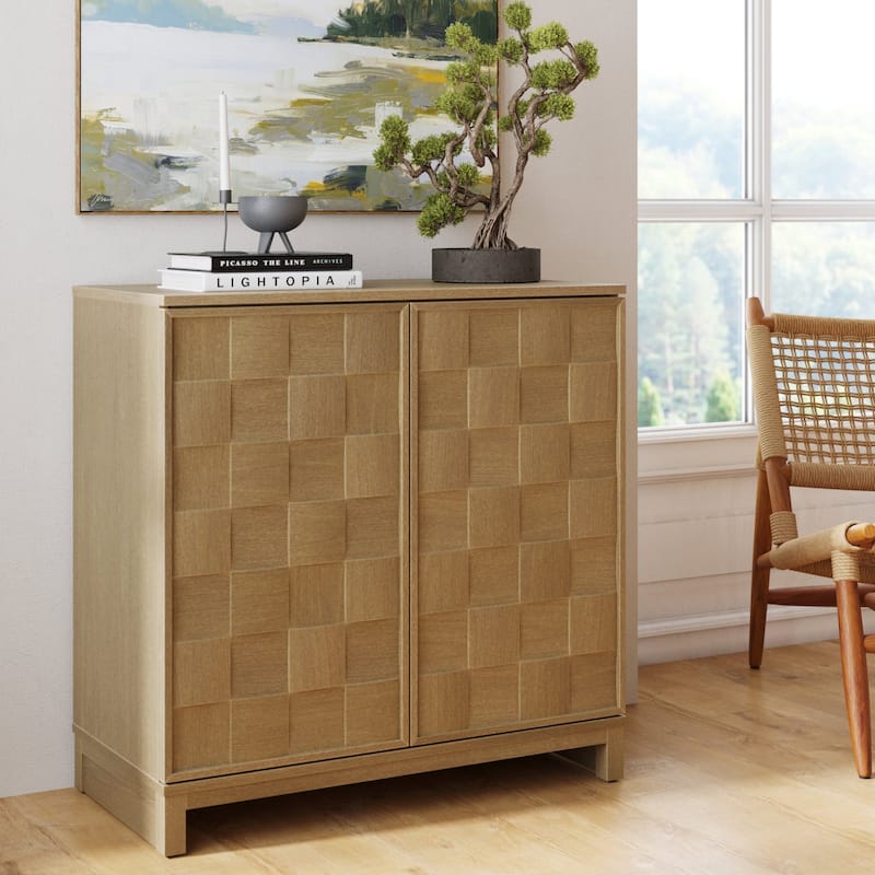 Paige Mid Century Modern Bar Cabinet Credenza, Light Wood Accent Cabinet with Sculpted Doors and Interior Adjustable Shelf - Single - Light Brown