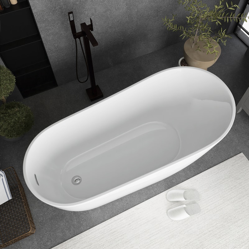 55"/59"/63" Acrylic Single Slipper Freestanding Soaking Bathtub in White with Drain