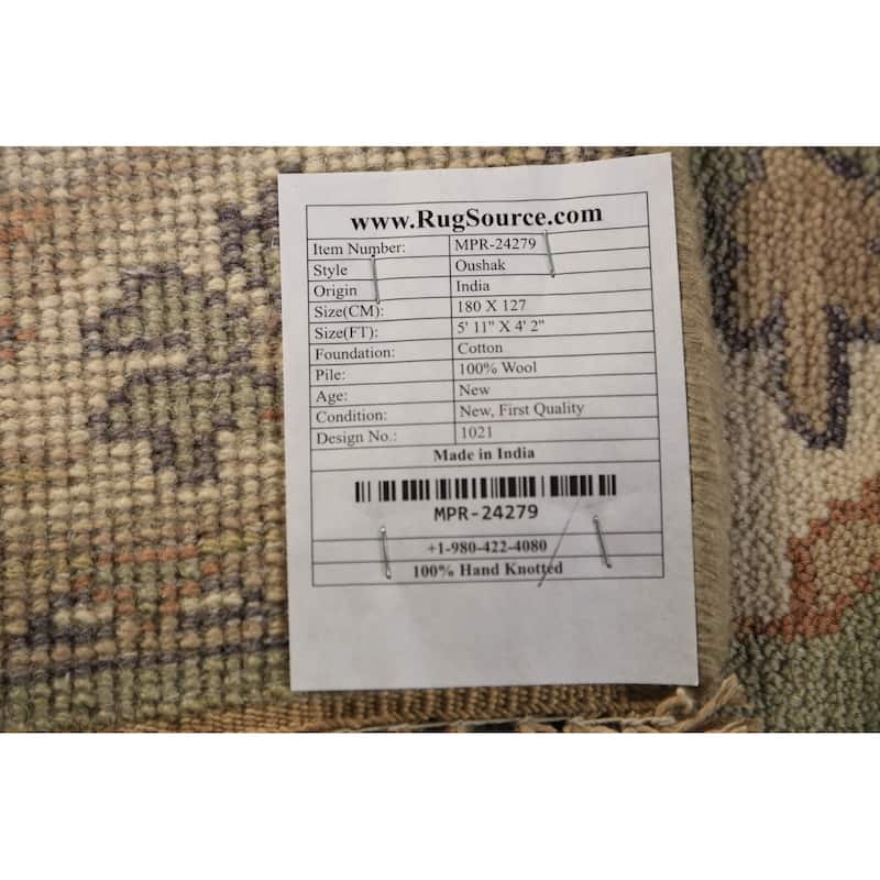 Light Green Oushak Oriental Rug Hand-Knotted Wool Carpet - 4'2"x 5'11"
