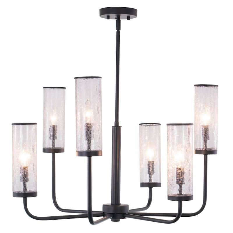 Glencoe 6 Light Matte Black Multi-Level Chandelier Clear Crackle Glass - 28-in W x 21.75-in H x 28-in D