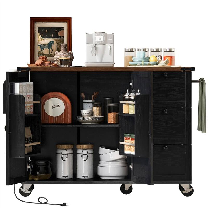 Farmhouse Kitchen Island with Power Outlet, Rolling Kitchen Cart on Wheels with Internal Storage Rack, Drop Leaf, Spice Rack