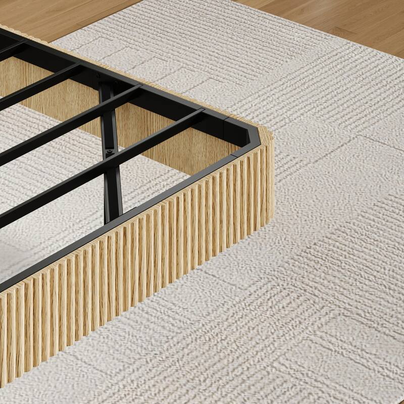 Queen Floating Bed Frame with LED Lights, Wave Curve Wood Texture, Heavy Duty Metal Slats - No Box Spring Needed