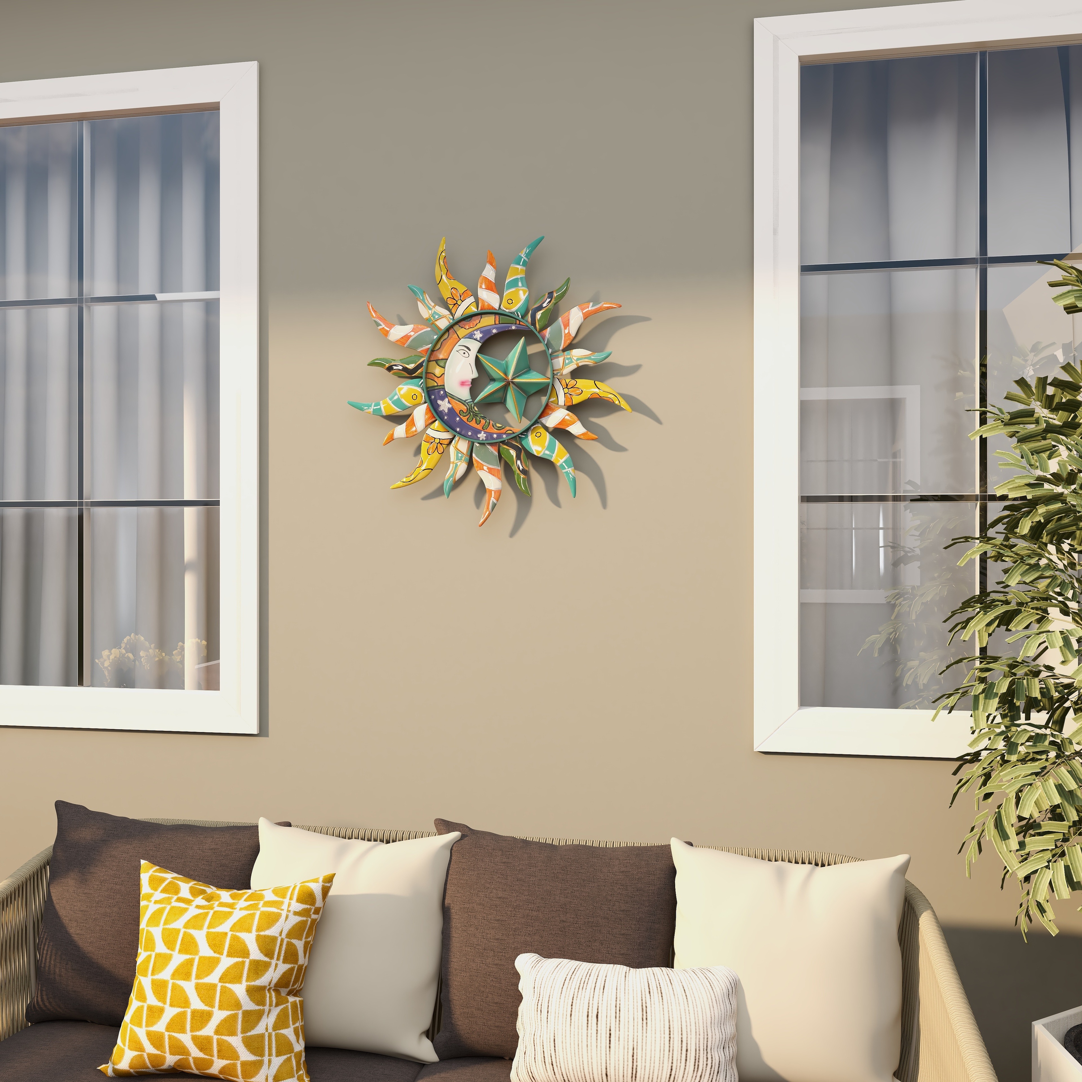 Multi Color Metal Eclectic Whimsical Celestial Sun Art Wall Sculpture